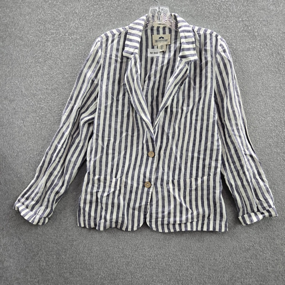 British Khaki Women Blazer M White Navy Linen Striped Casual Button Long Sleeve